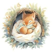 AI generated A sleepy baby squirrel in a bedding. watercolor illustration. AI Generated photo