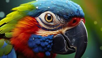 ai generado tropical guacamayo encaramado, vibrante plumas en enfocar. generativo ai foto