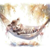 AI generated A sleepy baby zebra in a hammock. watercolor illustrations. AI Generated photo