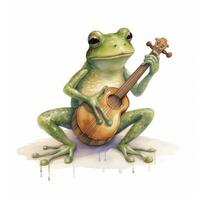 AI generated Watercolor green frog playing a tiny musical instrument on white background. AI Generated photo
