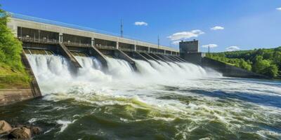 ai generado hidroeléctrico represa generando verde energía desde fluido agua. ai generado. foto