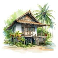 AI generated A watercolored bright serene image of a traditional bahay kubo. AI Generated photo