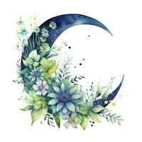 AI generated Watercolor floral Moon with greenery on a white background. AI Generated photo