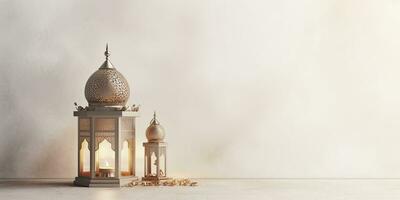 AI generated Celebration of islamic eid mubarak and eid al adha lantern in a light background. AI Generated photo