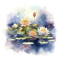 AI generated Floral Moon and Water Lilies on a white background. AI Generated photo