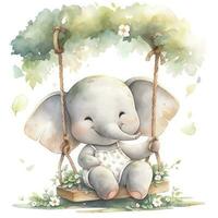 AI generated Cute happy baby elephant on swings in the tree in watercolor. AI Generated photo