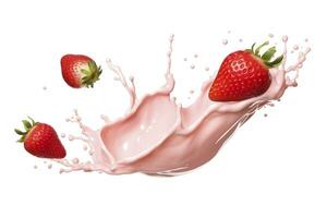 ai generado Leche o yogur chapoteo con fresas aislado en blanco fondo, 3d representación. ai generado foto