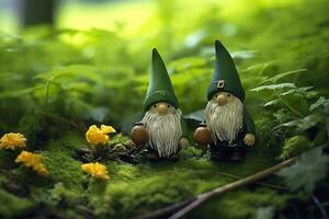 AI generated Toy Irish gnomes in a mystery forest, abstract green natural background. Generative AI photo