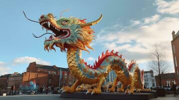 AI generated Chinese Dragon under a bright sky. AI Generated photo