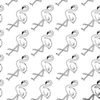 Vector Seamless pattern with flamingo in outline style. Black monochrome line bird flamingo standing on one leg