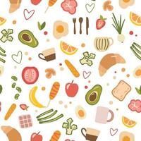 Seamless pattern with breakfast food and vegetables in hand drawn style. Flat illustrations isolated on white. Doodles apple, broccoli, croissant, sausage, scrambled eggs, avocado. vector