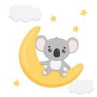 Cute koala on crescent moon and stars. Funny childish illustration for clothes, fabric, nursery, banner. Hand drawn baby koala in sky isolated on white vector