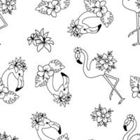 Vector Seamless pattern with floral flamingo in outline style. Black monochrome line bird flamingo standing on one leg