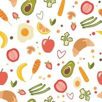 Seamless pattern with breakfast food and vegetables in hand drawn style. Flat illustrations isolated on white. Doodles color broccoli, croissant, sausage, scrambled eggs, avocado. vector
