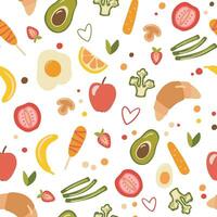 Seamless pattern with breakfast food and vegetables in hand drawn style. Flat illustrations isolated on white. Doodles color broccoli, croissant, sausage, scrambled eggs, avocado. vector