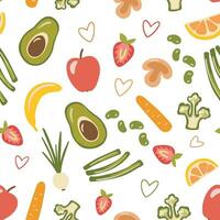 Seamless pattern with fruit and vegetables in hand drawn style. Flat illustrations isolated on white. Doodles apple, broccoli, avocado. vector