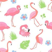 Vector Seamless pattern with pink flamingo and tropical leaves.