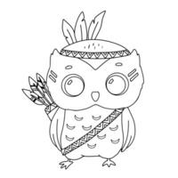 Cute Cartoon tribal Owl with feathers. Outline baby character isolated on white background for childish coloring book vector