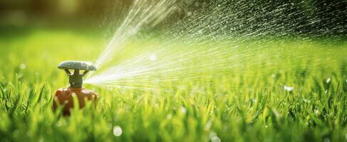 AI generated Automatic garden lawn sprinkler in action watering grass. AI Generated photo