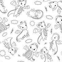 Seamless pattern with cute dragon with crown on white background. Outline vector cartoon character. Childish line illustration