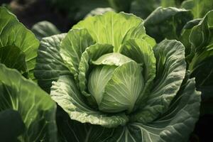 AI generated Cabbage growing in an urban garden. Cabbage leaves and head close up. Generative AI photo