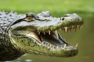 AI generated Crocodile with its mouth wide open with a green lake in the green background. AI Generated photo