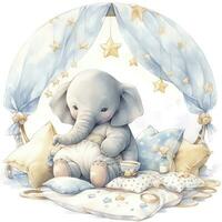 AI generated An elephant on a bed with stars and blankets around the circle. AI Generated photo