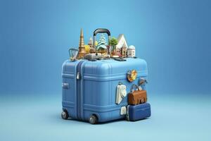 AI generated Blue suitcase full of landmarks and travel accessories on blue background. Generative AI photo