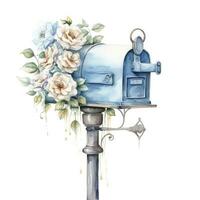 AI generated Watercolor light blue floral mailbox on a white background. AI Generated photo