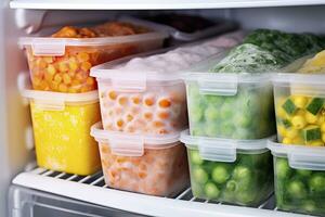 ai generado congelado comida en el congelador. congelado vegetales. ai generado foto