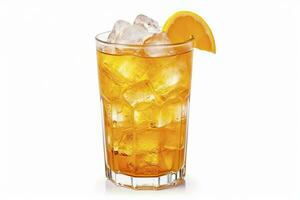 AI generated A glass of orange soda water with ice cubes on white background. AI Generated photo