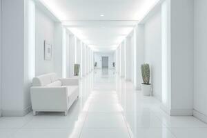 ai generado interior diseño de un moderno lujoso blanco edificio corredor o pasillo con esperando asiento. ai generado foto