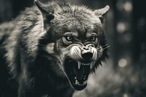 AI generated Greyscale closeup shot of an angry wolf with a blurred background. AI Generated photo