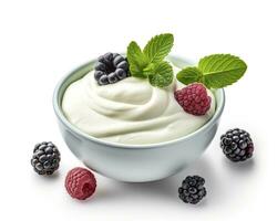 AI generated Green bowl of greek yogurt and fresh berries isolated on white background. AI Generated photo