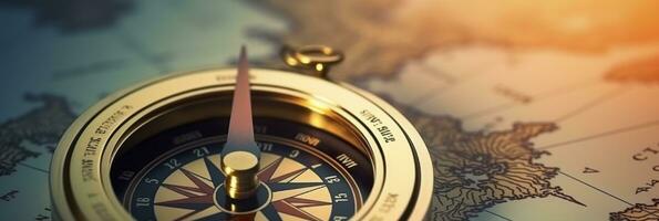 AI generated Magnetic compass and location marking with a pin on routes on world map. AI Generated photo