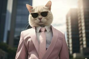 ai generado un gato es vistiendo Gafas de sol, traje y en pie en calle. ai generado foto