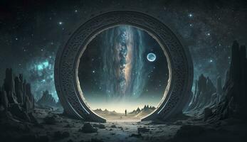 AI generated Portal to another world. Futuristic cosmic landscape with circle tunnel in starry sky. Generative AI photo