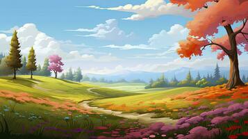 AI generated Spring season with colorful flowers and trees in a pretty meadow or field. AI Generated. photo