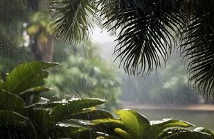 ai generado lluvia en el zona tropical durante el bajo temporada o monzón estación. gotas de lluvia en un jardín. generativo ai foto