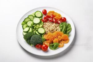 AI generated Salad with quinoa, spinach, broccoli, tomatoes, cucumbers and carrots. AI Generated photo