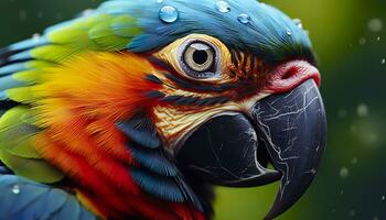 ai generado tropical guacamayo encaramado, vibrante plumas en enfocar. generativo ai foto