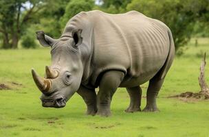 AI generated White Rhino grazing. AI Generated photo