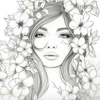 AI generated A girl on a coloring book page with Jasmine flowers. AI Generated photo