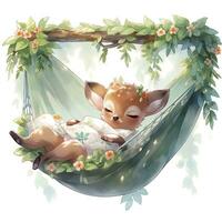 AI generated A sleepy baby deer in a hammock. watercolor illustration. AI Generated photo
