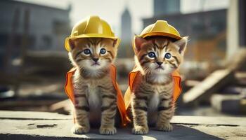 ai generado dos gatitos vistiendo difícil sombreros en un construcción sitio. generativo ai foto