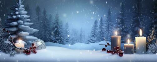 AI generated Winter Forest Landscape With Burning Candles Christmas Decoration. AI Generated photo