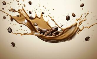 AI generated hot liquid coffee splash with Coffee Bean falling, 3d illustration. AI Generated photo