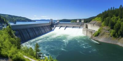 ai generado hidroeléctrico represa generando verde energía desde fluido agua. ai generado. foto