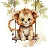AI generated Cute happy baby lion on swings attached to the tree in watercolor style. AI Generated photo