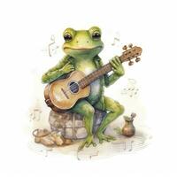 AI generated Watercolor green frog playing a tiny musical instrument on white background. AI Generated photo